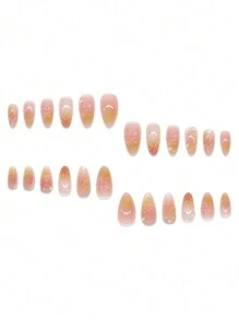 使用 24 件杏仁形甜美花朵仿珍珠 3D 雕刻波浪美甲套装提升您的外观，适合女士和女孩按压指甲