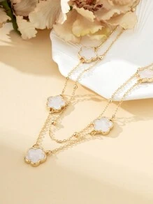 1 件时尚四叶草吊坠多层女士项链（由于手工切割，链上珠子数量随机，但长度固定） - 白色 - 查看 4