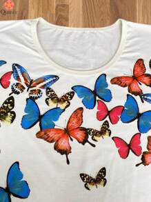 Loose Blouse With Front Print Of Colorful Butterflies, Fresh Chromia, Cheerful, Colorful Summer - 米色 - 查看 5