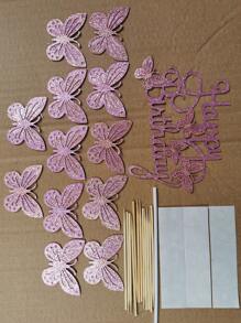 Conjunto de 13 piezas de adornos para pastel con polvo dorado, 1 bandera con letra de mariposa + 12 decoraciones de pastel pequeñas con mariposas - Rosa roja - Ver 12