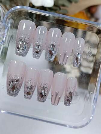 New Handmade Wearable Silver Sunglasses, Pink Striped Rhinestone, French Ombre Blush, Nail Gel Manicure Decals, Easy Travel Kit, Suitable For Student, Bride, Reusable, Holiday & Christmas Design Press On Nails Nail Supplies Nails