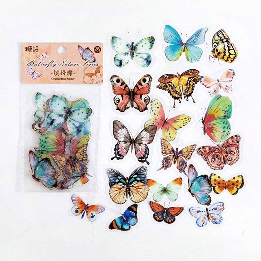 CANDY POETRY 40 张/包各种颜色的蝴蝶 PET 贴纸，适用于手机、笔记本电脑、电脑、剪贴簿、日记本、记事本、学校和办公用品的装饰 - 青碧色 - 查看 1