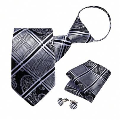 Silk Zipper Ties For Men,Woven Paisley/Solid/Plaid Pretied Tie And Pocket Square Cufflinks Set Adjustable