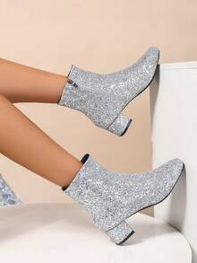 Plus Size Shiny Round Toe Chunky Heel Fashion Ankle Boots For Women, Winter