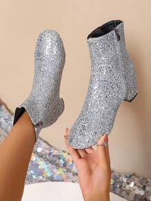 Plus Size Shiny Round Toe Chunky Heel Fashion Ankle Boots For Women, Winter