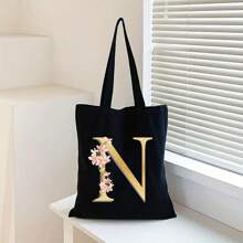 Sacola de Lona Preta Personalizada com Estampa Floral Dourada de Letra A-Z, Sacola de Compras da Moda, Bolsa de Uso Diário, Presente de Aniversário para Mulheres, Presente para Namorada, Lembrança Personalizada de Dama de Honra