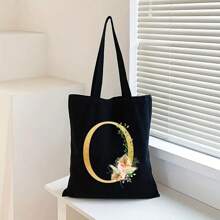 Sacola de Lona Preta Personalizada com Estampa Floral Dourada de Letra A-Z, Sacola de Compras da Moda, Bolsa de Uso Diário, Presente de Aniversário para Mulheres, Presente para Namorada, Lembrança Personalizada de Dama de Honra