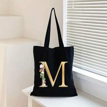 Sacola de Lona Preta Personalizada com Estampa Floral Dourada de Letra A-Z, Sacola de Compras da Moda, Bolsa de Uso Diário, Presente de Aniversário para Mulheres, Presente para Namorada, Lembrança Personalizada de Dama de Honra
