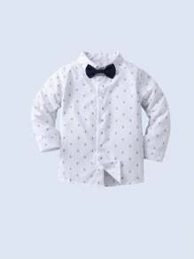 BOARNSEORL 3pcs/Set Young Boys Gentleman Outfit Random Printed Long Sleeve Shirt With Bowtie, Navy Blazer And Trousers, Elegant Fashion Suit For Birthday Party, Wedding, Ceremony