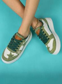 BALTEOP 秋冬女款黑白五角星银河学生系带轻便舒适百搭拼接透气运动鞋休闲运动鞋 - 綠色 - 查看 3