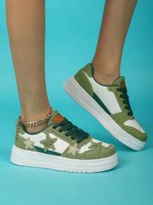 BALTEOP 秋冬女款黑白五角星银河学生系带轻便舒适百搭拼接透气运动鞋休闲运动鞋 - 綠色 - 查看 4