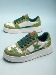 BALTEOP 秋冬女款黑白五角星银河学生系带轻便舒适百搭拼接透气运动鞋休闲运动鞋 - 綠色 - 查看 8