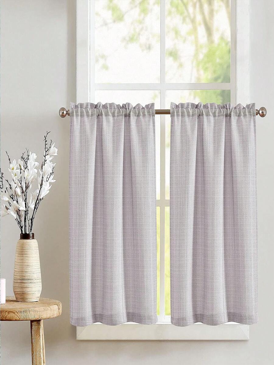 1pc Linen-Like Solid Color Kitchen Curtain, 230g/㎡, Semi-Transparent Simple & Stylish Window Curtain For Bedroom, Living Room, Filters UV