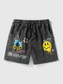Herren Mode Destroyed Grafik Gesichts- und Buchstaben Muster Lässig Shorts - Schwarz - Übersicht 3