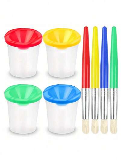 8pcs Brush Cleaning Tube Set, 4pcs Anti-Spill Paint Cups With Soft Colored Lids And 4pcs Paint Brushes, Great Painting Tool Back To School