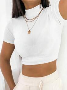 Basic Ribbed Cropped Top Casual Baby Look Short Sleeve High Neck Women's Fashion Clothing - 白色 - 查看 2