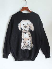 JIANHU Loose Round Neck Printed Sweater,Long Sleeve Tops - Black - View 3