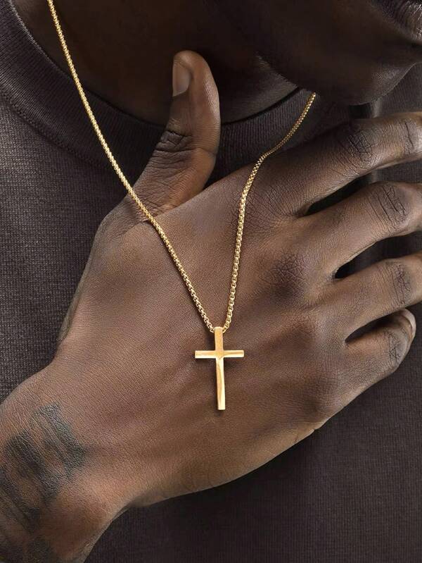 CCO 1pc Minimalist Stylish Gold Cross Pendant Necklace, Stainless Steel, Casual Street Wear For Men