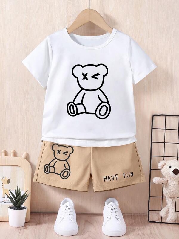 Set de 2 piezas de camiseta con estampado de oso de dibujos animados y shorts informales para niños, de verano
