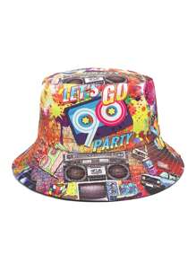 1 pezzo Cappello a secchiello vintage anni '80, '90 con graffiti a doppia faccia, cappello unisex in stile retro rock Y2K, adatto per attività all'aperto estive come escursionismo e pesca - A - Visualizzare 5