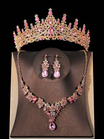 1 Set de accesorios nupciales, que incluye una corona clásica y elegante con adornos de cristal rosa, un collar lujoso y aretes, un conjunto de 4 piezas de joyería de boda, adecuado para vestido de novia, ceremonia y fiesta