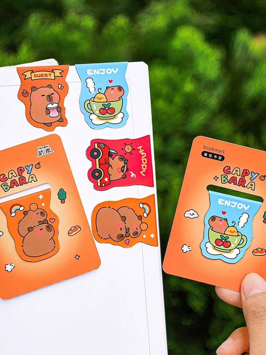 4 piezas Conjunto de marcadores de libros de Capibara, clips magnéticos de página de dibujos animados, soporte, marcador, regalo de lectura único - Talla única - Ver 1