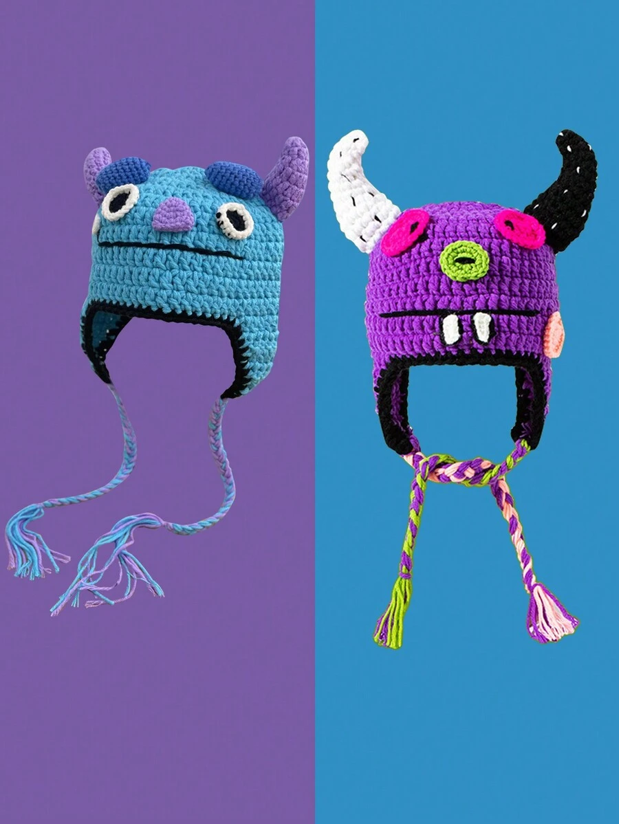 1 件手工针织趣味怪物无檐便帽，时尚新潮 - 彩色 - 查看 1