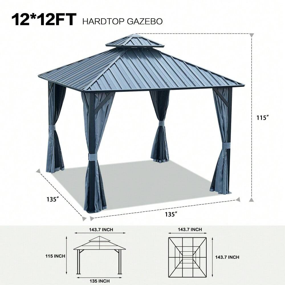 12x12ft Gazebo Double Roof Canopy With Netting And Curtains, Outdoor