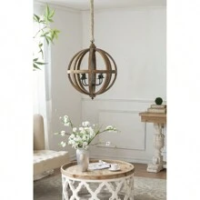 4 - Light Wood Chandelier, Hanging Light Fixture With Adjustable Chain For Kitchen Dining Room Foyer Entryway, Bulb Not Included - màu nâu - Xem 6