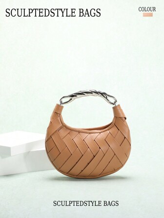 1 件纯色 PU 手工编织饺子包，扭曲金属五金手提包，时尚女士手提包