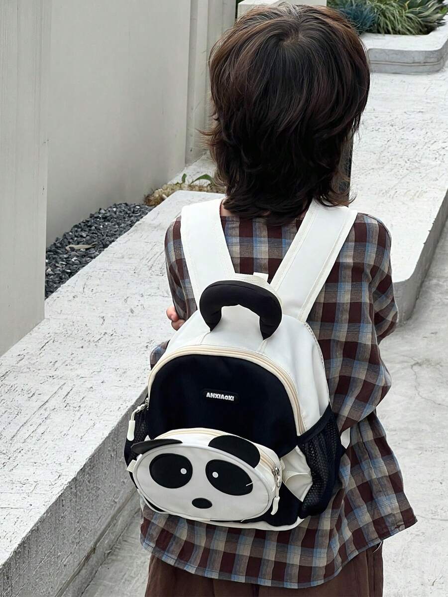 1pc Kids Panda Nylon Oxford Cloth Kindergarten Backpack, Zipper Closure Cute Cartoon School Bag, Suitable For Toddlers Everyday Casual Outings, All Seasons