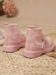 Girls' Fashion Beaded Knitted Hook & Loop Soft Sole Anti-Slip Versatile Princess Shoes For Daily Wear, Party, Performance - Pink - View 3