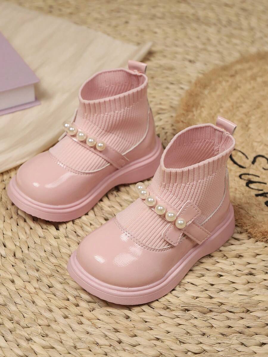 Girls' Fashion Beaded Knitted Hook & Loop Soft Sole Anti-Slip Versatile Princess Shoes For Daily Wear, Party, Performance - Pink - View 1