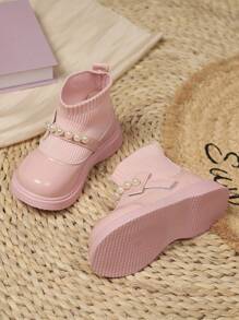 Girls' Fashion Beaded Knitted Hook & Loop Soft Sole Anti-Slip Versatile Princess Shoes For Daily Wear, Party, Performance - Pink - View 2