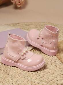 Girls' Fashion Beaded Knitted Hook & Loop Soft Sole Anti-Slip Versatile Princess Shoes For Daily Wear, Party, Performance - Pink - View 5