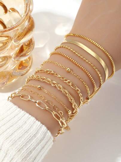 10 pièces/Set Bracelets superposés classiques pour femmes, bijoux à chaîne tressée de style simple convenant pour un port quotidien ou en cadeau de festival