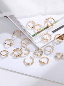 16 件简约玫瑰与拥抱之手设计戒指套装 - 金色 - 查看 4