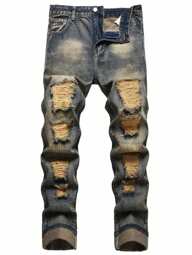 1pc Men's Vintage Street-Style Distressed Cargo Jogger Pants, Blue Color, Casual Breathable Denim Jeans With Pockets, Suitable For City Walking, Parent-Child Outdoor Activities, All Season, Emo Style