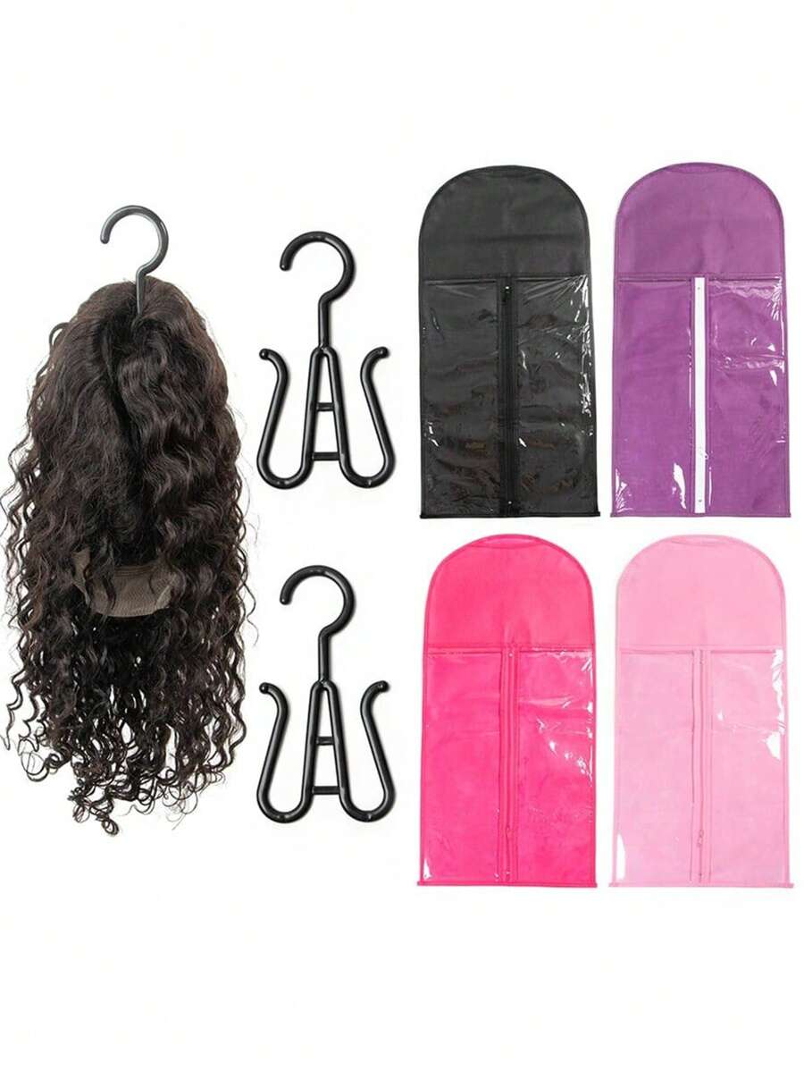 1 zestaw wieszaków na peruki, uchwyt na przedłużki do włosów, przechowywanie peruk na wiele peruk, torby do przechowywania z wieszakiem, uchwyt na perukę, pyłoszczelny, przechowywanie przedłużek do włosów z haczykiem, przedłużki do włosów, peruki i akcesoria (czarne) gorący róż, fioletowy, 1 szt. wieszaka na perukę i 1 szt. przechowywania peruk