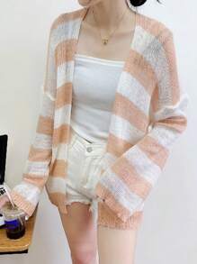 1pc Women Openwork Striped Cardigan Shrug Top, Lightweight And Loose, Sweet And Gentle V-Neck Style, Suitable For Spring And Autumn Accessories Women