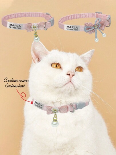 Customized 1pc Bowknot & Faux Pearl Decor Adjustable Non-Choke Pet Collar, Laser Engraved Personalized Cat Tag With Pet Name & Contact Info Ornamental,Engraved,Stainless Stylish,Fashion,Colorful,Vintage,Cute,Contracted,Cuties Custom,Unique,Customized,Personalized Pet For Anniversaries,For Birthdays,Customized Pet Collars, Leashes & Harnesses,Tendencia Local