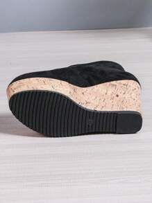 仿麂皮高跟袜靴防水厚底踝靴 - 黑色 - 查看 8