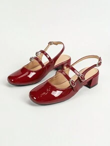 女士时尚百搭简约高跟一脚蹬双扣纯色裸色/红色玛丽珍圆头高跟鞋 - 紅色 - 查看 7