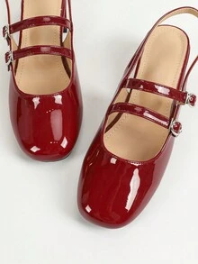 女士时尚百搭简约高跟一脚蹬双扣纯色裸色/红色玛丽珍圆头高跟鞋 - 紅色 - 查看 6