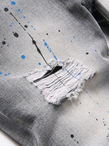 Gray Paint Washed Ripped Jeans For Men Men's Zipper Non-Stretch Denim Trousers - Grey - View 5