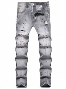 Gray Paint Washed Ripped Jeans For Men Men's Zipper Non-Stretch Denim Trousers - Grey - View 1