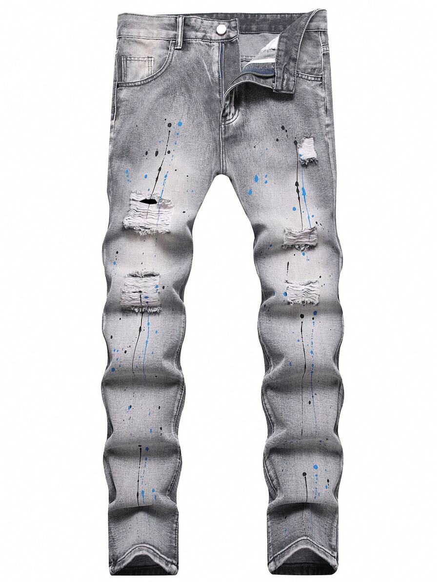 Gray Paint Washed Ripped Jeans For Men Men's Zipper Non-Stretch Denim Trousers - Grey - View 1