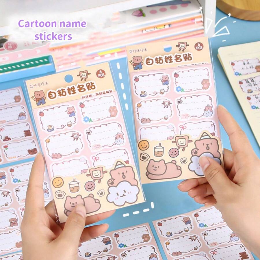 6 piezas Pegatinas con nombre autoadhesivas, pegatinas con nombre de cuaderno lindo, pegatinas de etiquetas manuscritas, pegatinas de etiquetas de dibujos animados y pegatinas de etiquetas pequeñas, un total de 48 pegatinas, 6 hojas, pegatinas pequeñas multiusos - Multicolor - Ver 1