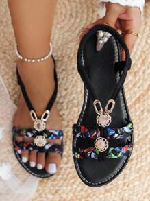 Vibrant Striped Fabric Women Sandals - Slip-On Style, Elastic Ankle Strap, Flat Bottom, Open Toe, Faux Leather Insole, T-Strap, Breathable, Ideal For Summer Vacation, Beach, Bohemian Style
