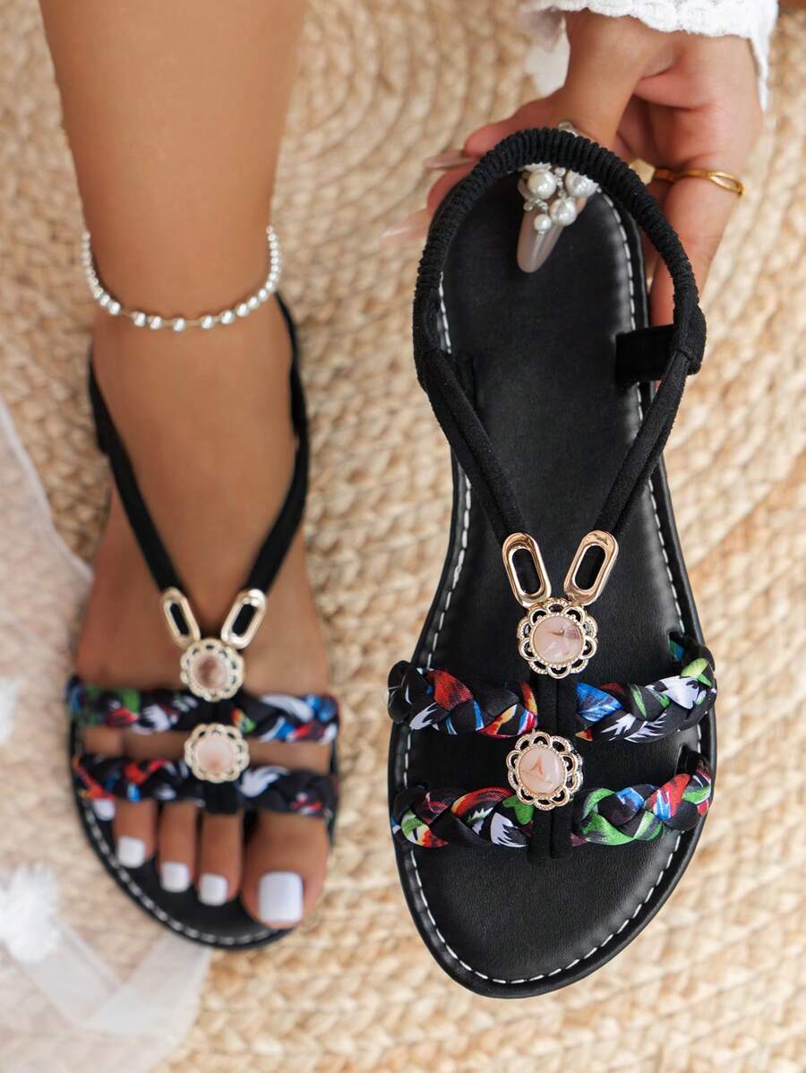 Vibrant Striped Fabric Women Sandals - Slip-On Style, Elastic Ankle Strap, Flat Bottom, Open Toe, Faux Leather Insole, T-Strap, Breathable, Ideal For Summer Vacation, Beach, Bohemian Style